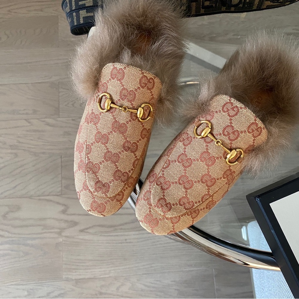 NEW FUR GUCCI GG CANVAS PRINCETOWN BRICK BEIGE HORSEBIT SLIPPER MULES SHOES